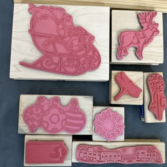 Stampabilities Wood Rubber Stamp Lot Christmas Holiday Santa Reindeer Train Tag - Picture 5 of 11